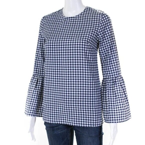 MLM Label Long Ruffle Sleeves Blue Check Blouse Size XS Back Zipper - Picture 2 of 3
